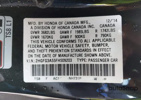 2015 Honda Civic Lx from USA, damaged, VIN 2HGFG3A55FH509203